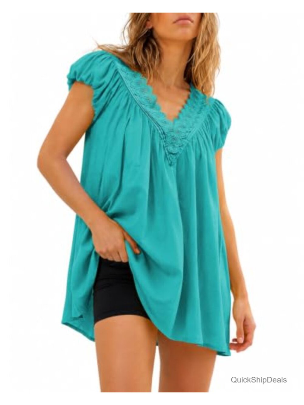 V Neck Babydoll Top Puff Sleeve Loose Fit Cotton Tunic with Pockets